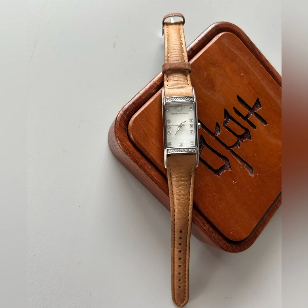 Armani leather band square watch 3 hands diamond bezel simulates new battery